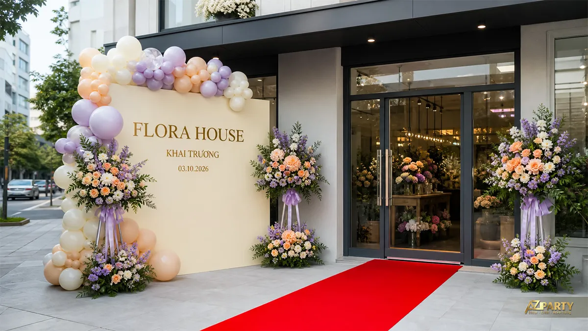 Khu vực đón khách Flora House với backdrop hoa và thảm đỏ