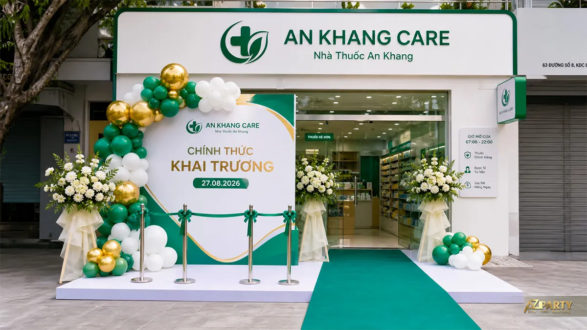 Mặt tiền An Khang Care trang trí xanh trắng cho lễ khai trương