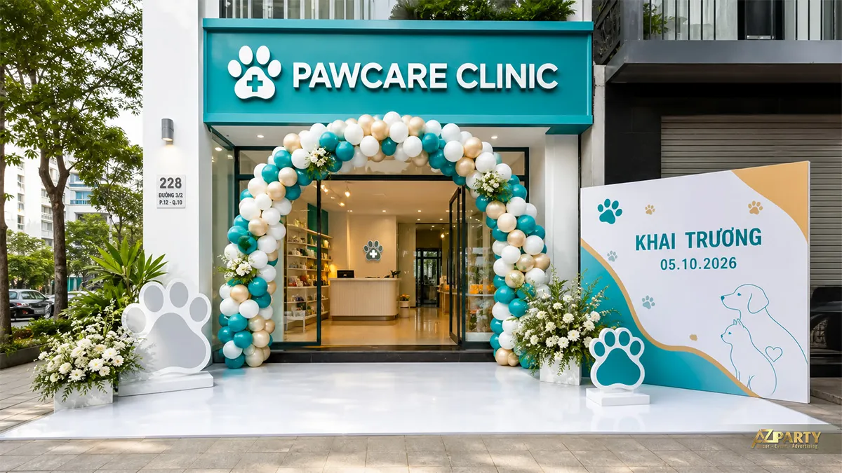 Cổng khai trương Pawcare Clinic màu xanh ngọc với bảng chào