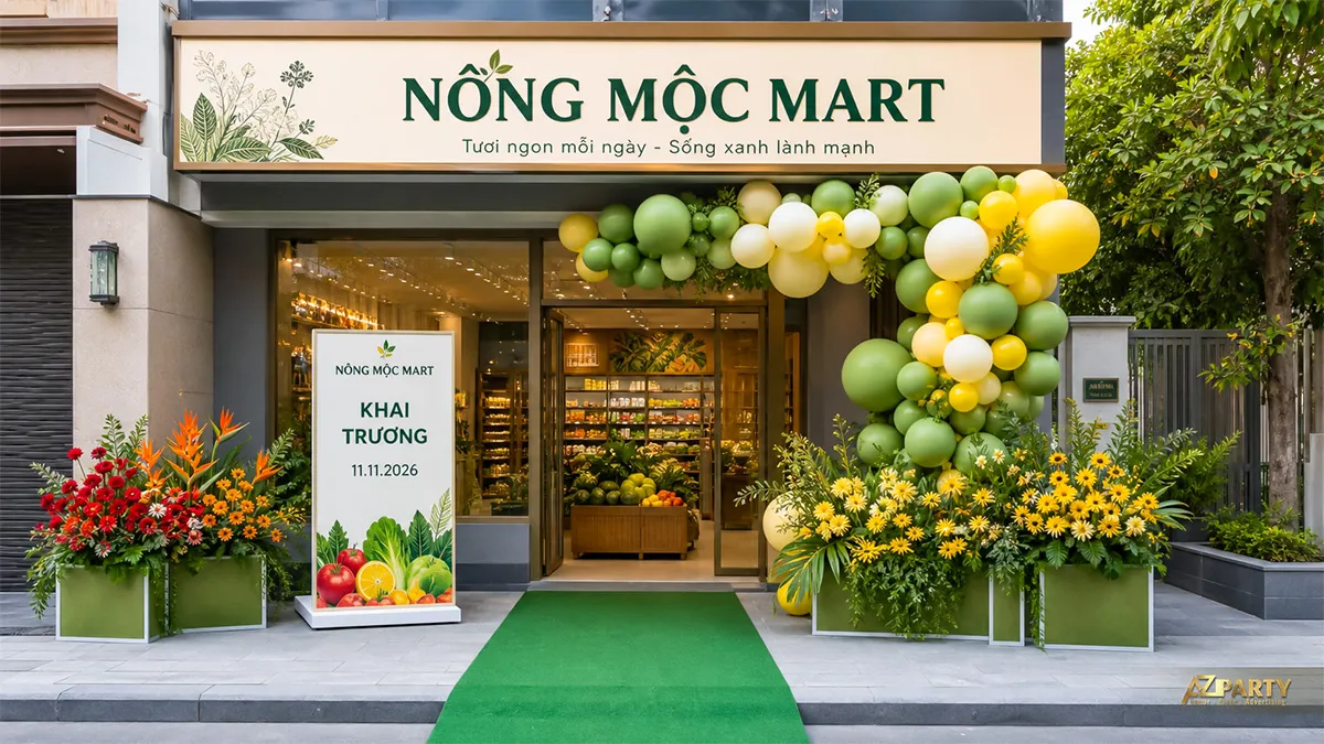 Cửa hàng Nông Mộc Mart trang trí bóng xanh vàng và hoa khai trương
