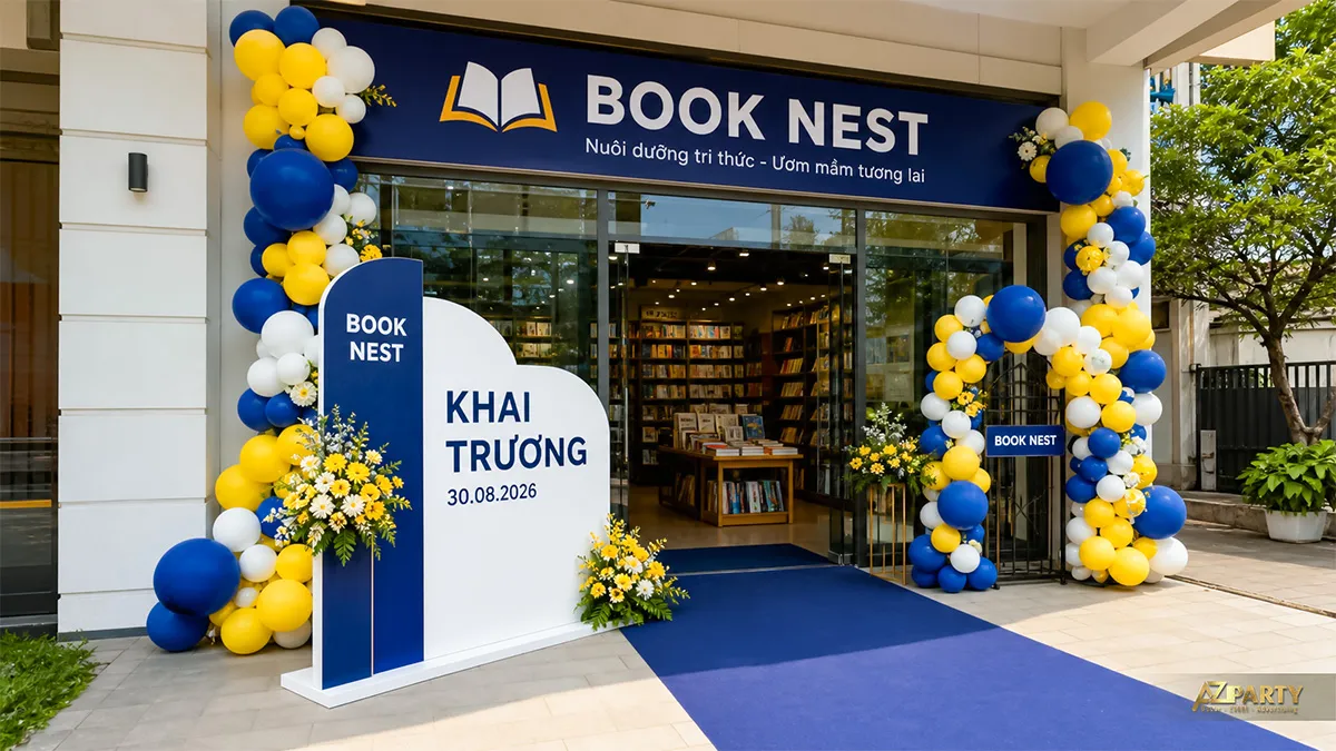 Cổng bóng Book Nest màu xanh vàng bao quanh lối vào cửa hàng