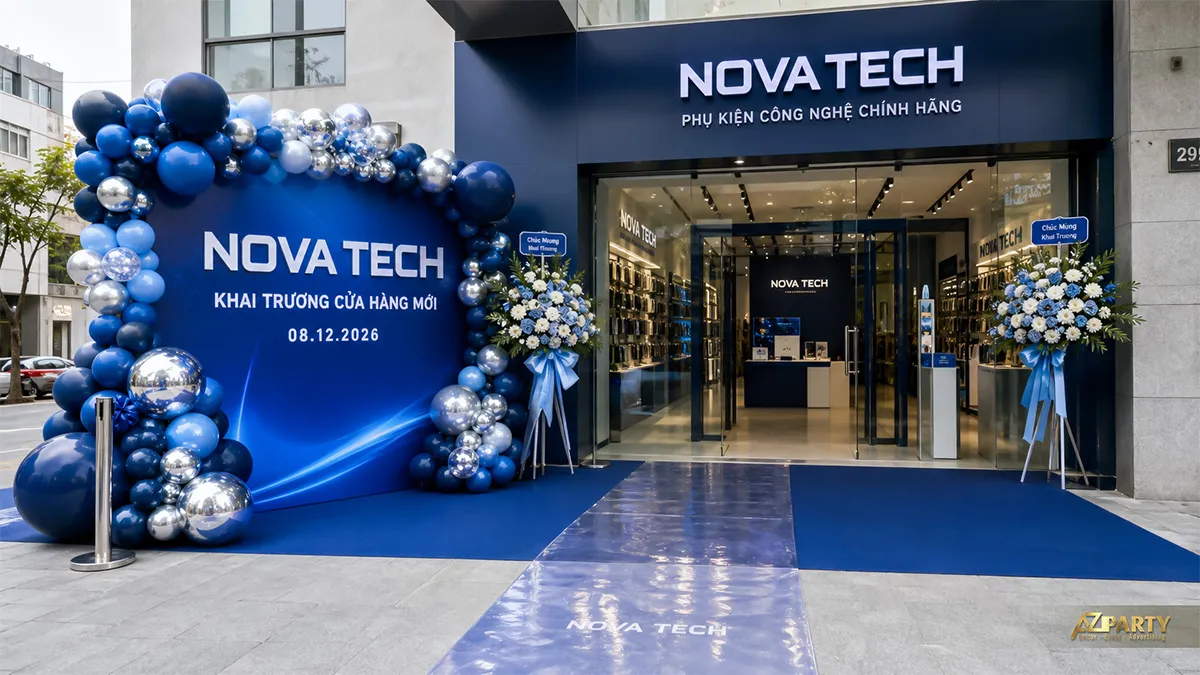 Không gian khai trương Nova Tech màu xanh dương trước cửa hàng