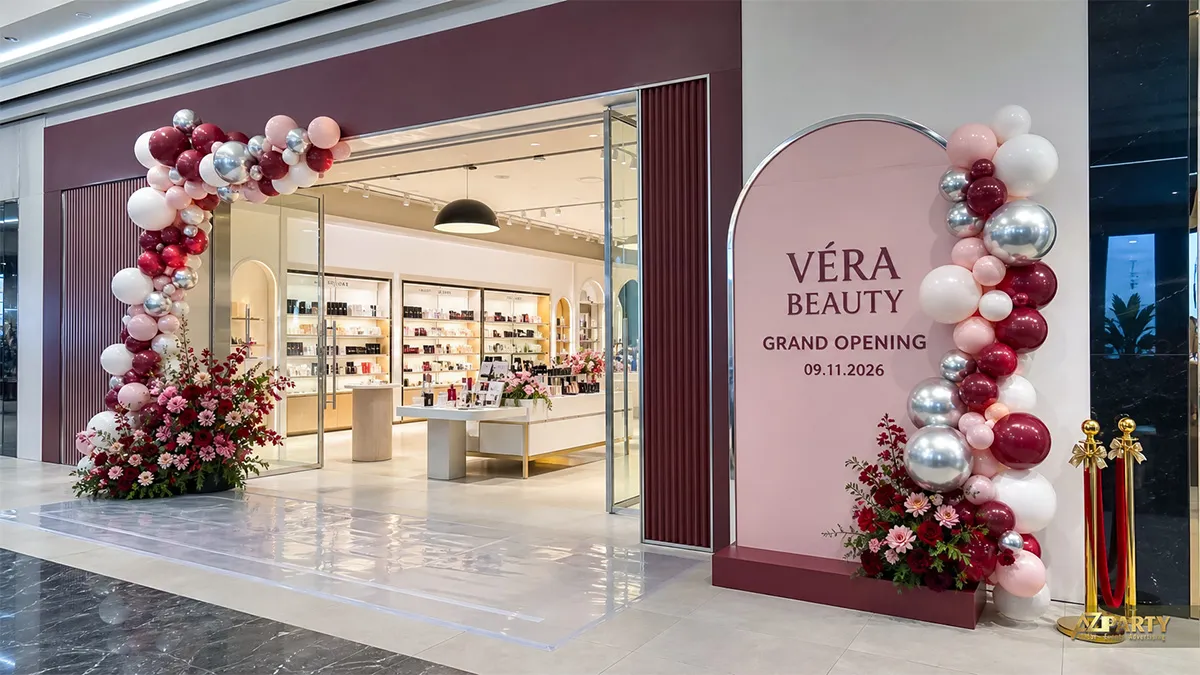 Backdrop Vera Beauty màu hồng rượu đặt cạnh lối vào cửa hàng