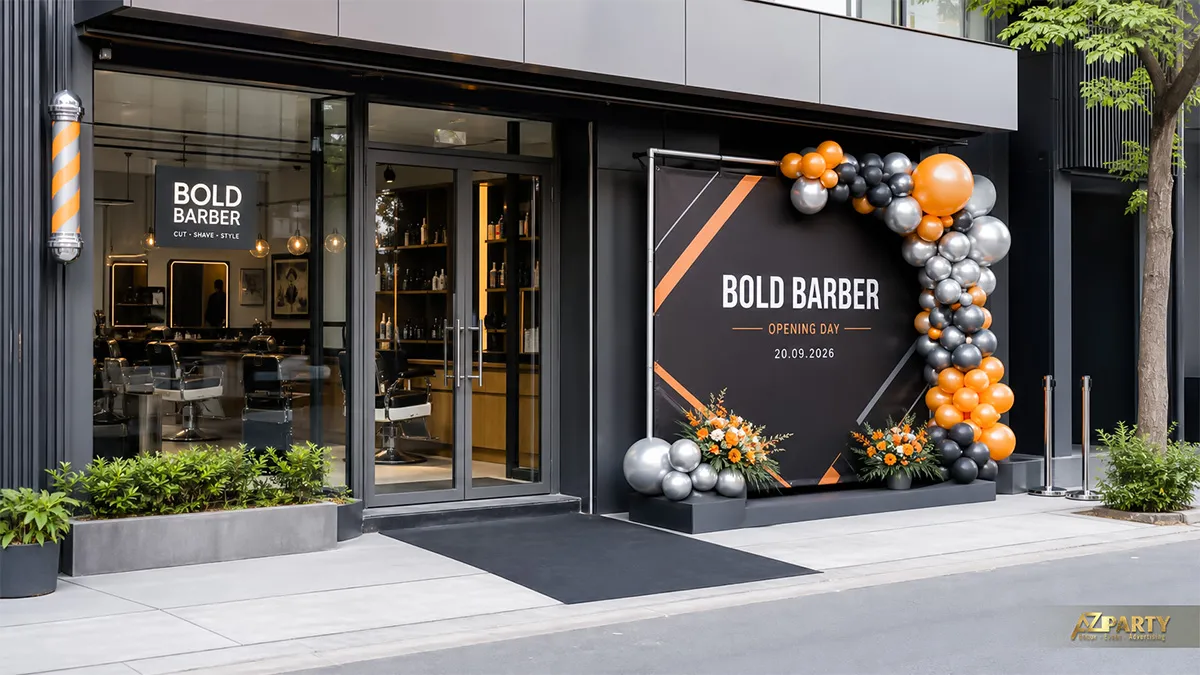 Khu check-in Bold Barber màu đen cam với cụm bóng ánh kim trước cửa tiệm