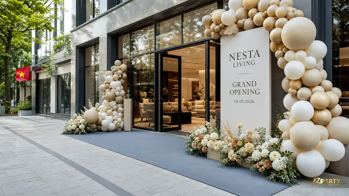 Mặt tiền Nesta Living trang trí hai cột bóng màu kem và hoa trắng ngày khai trương
