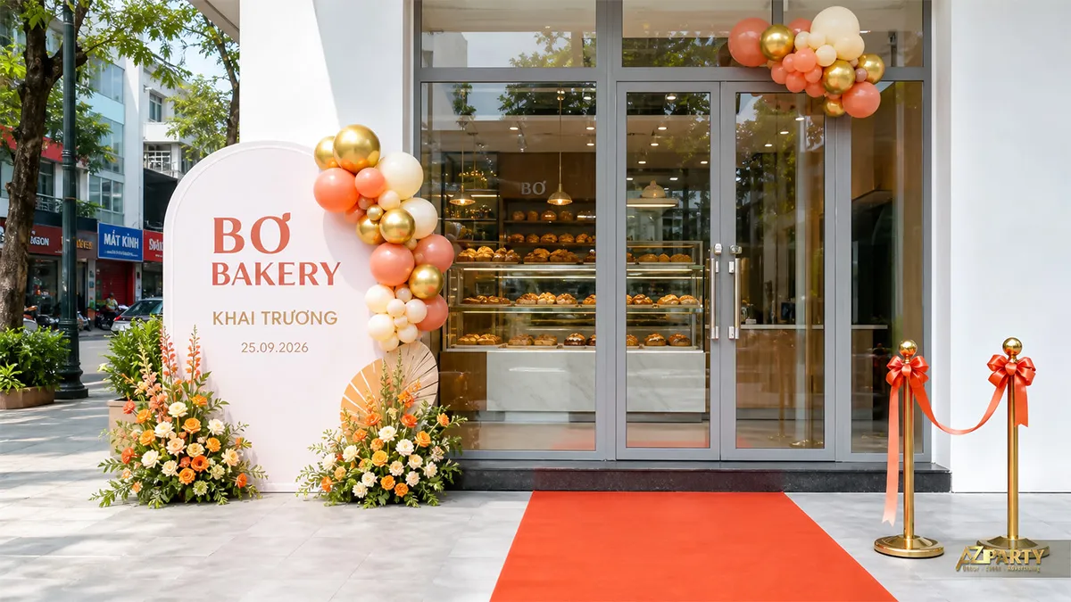 Mặt tiền Bơ Bakery với bảng vòm màu kem, bóng cam vàng và hai cụm hoa