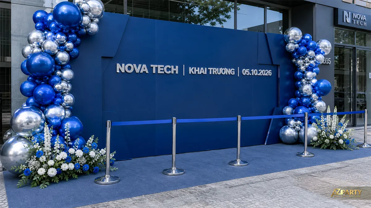 Backdrop Nova Tech xanh navy với cột bóng xanh bạc và hoa xanh trắng