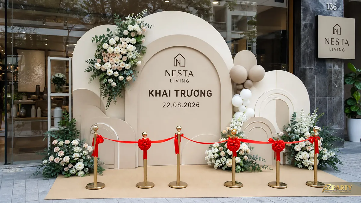 Backdrop Nesta Living màu kem dáng vòm với hoa trắng, bóng trung tính và dải băng đỏ