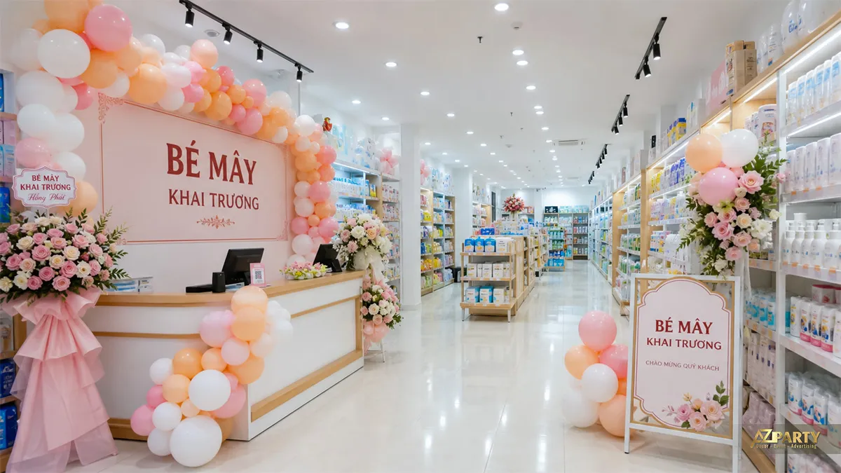 Quầy lễ tân Bé Mây trang trí bóng hồng cam trắng và các kệ hoa pastel