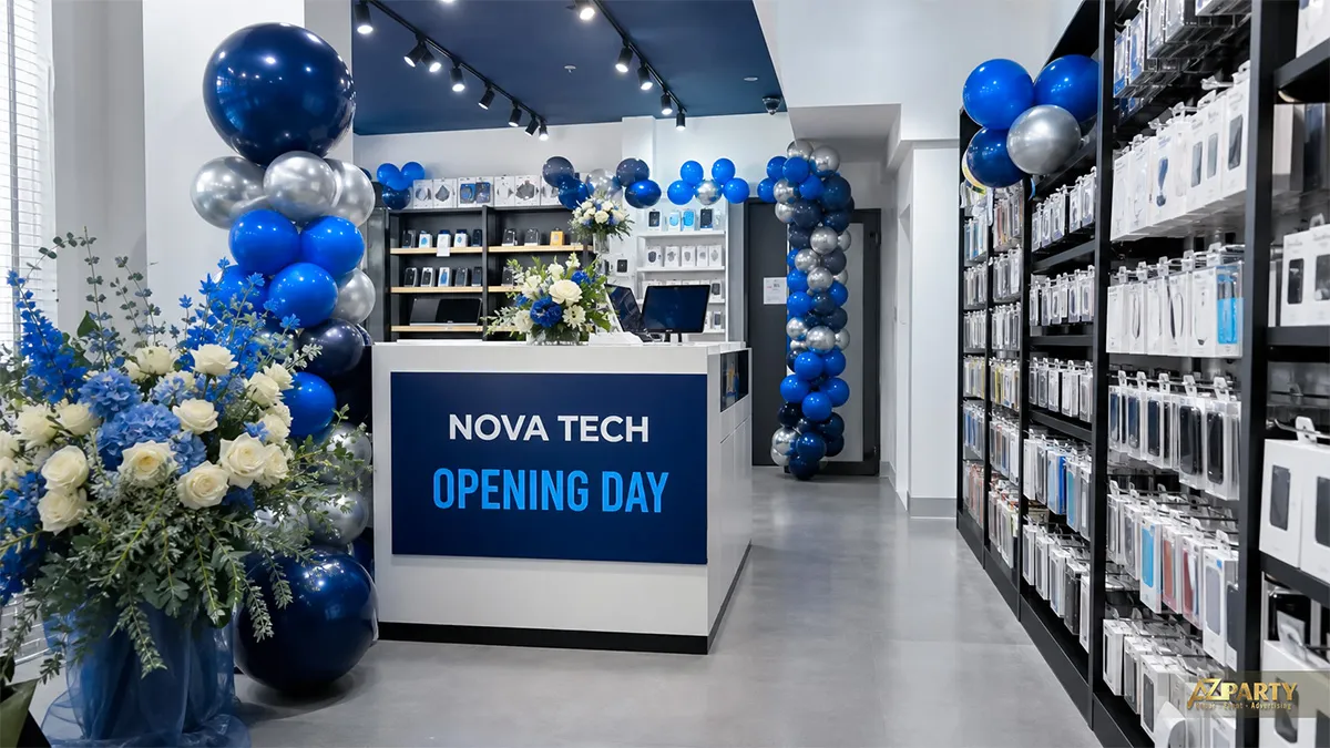 Quầy lễ tân Nova Tech với cột bóng xanh bạc và hoa xanh trắng trong cửa hàng phụ kiện