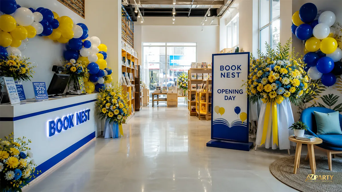 Lối vào Book Nest trang trí bóng xanh vàng trắng, hoa cúc và bảng chào khai trương