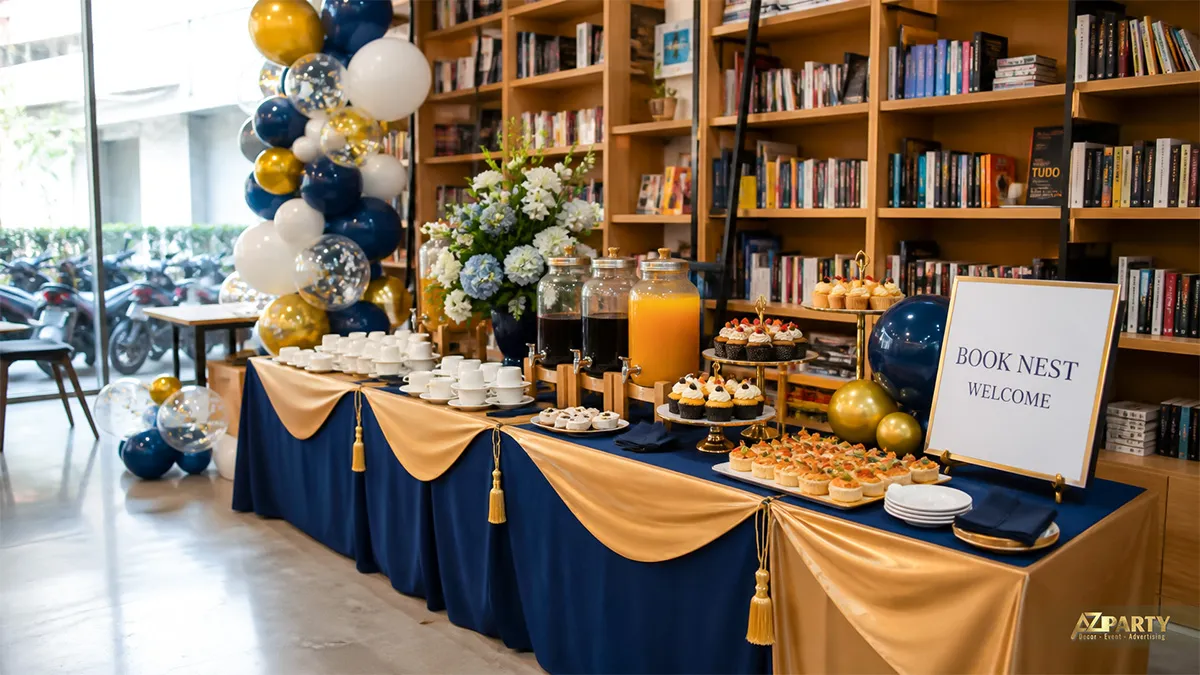 Bàn tiệc Book Nest phủ khăn xanh navy vàng với bánh, nước uống và bóng ánh kim