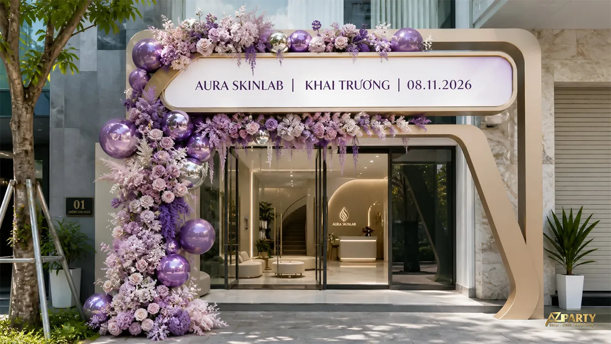 Mặt tiền Aura Skinlab trang trí hoa tím cho ngày khai trương