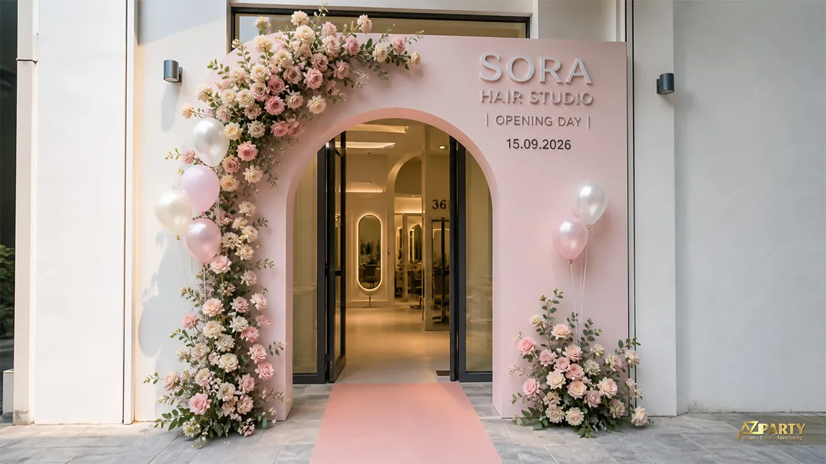 Cổng vòm khai trương Sora Clinic màu hồng pastel