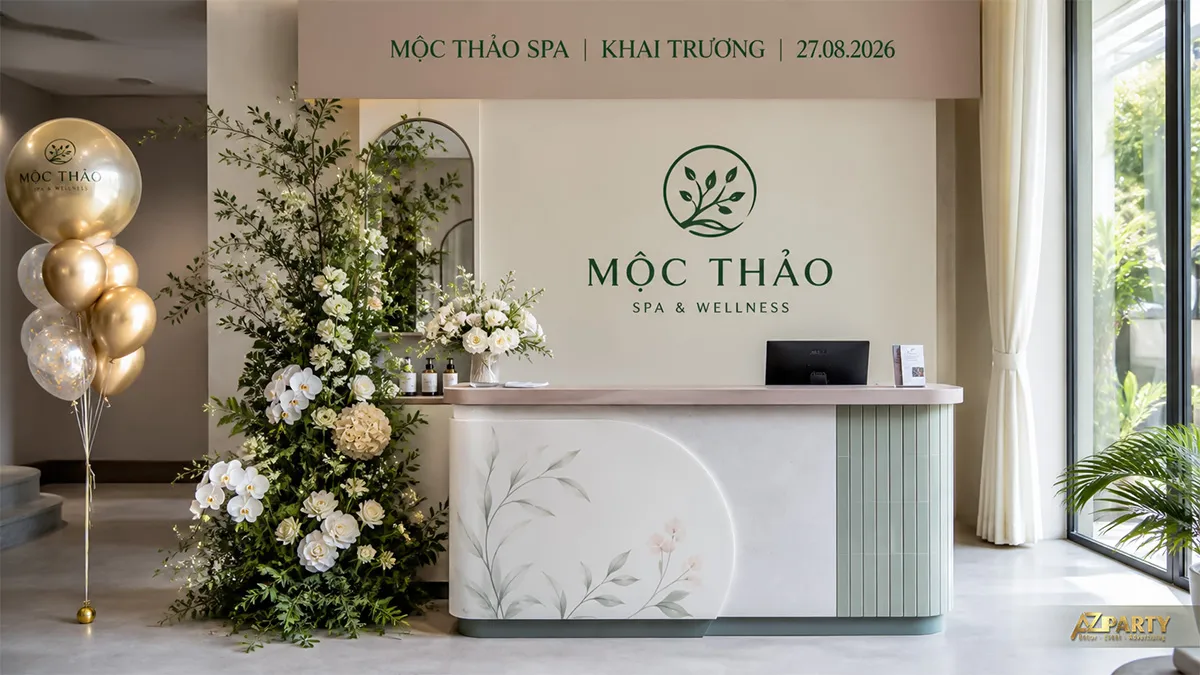 Quầy lễ tân Mộc Thảo Spa phối hoa trắng và bóng ánh kim