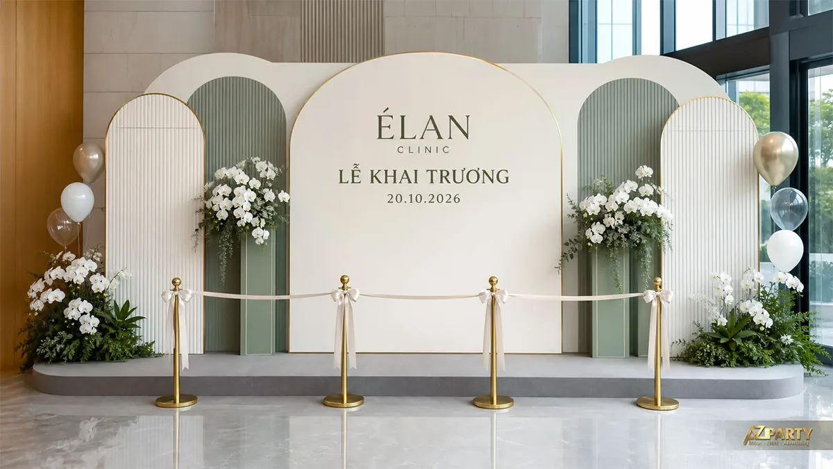 Backdrop khai trương Élan màu trắng xanh với khung vòm