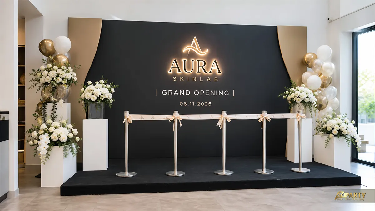 Phông khai trương Aura Skinlab màu đen vàng cùng bục cắt băng