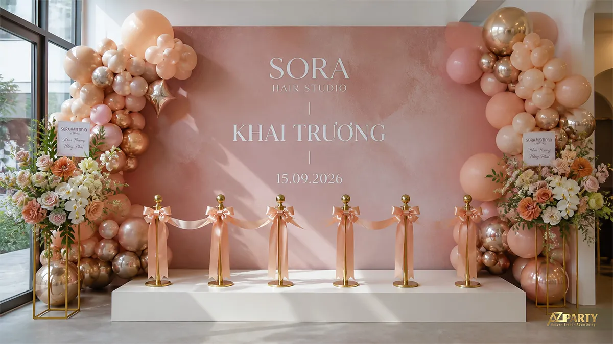 Backdrop Sora Clinic màu hồng cam với cụm bóng và hoa
