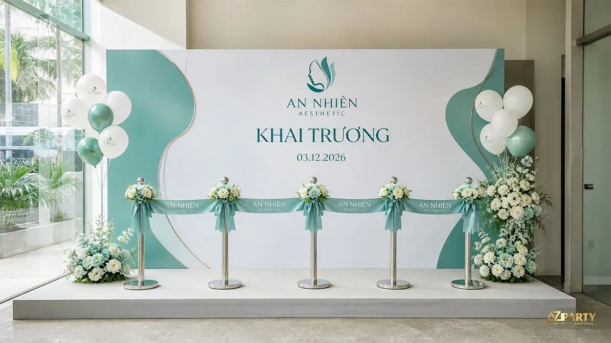 Mẫu backdrop khai trương spa xanh trắng với hoa trang trí