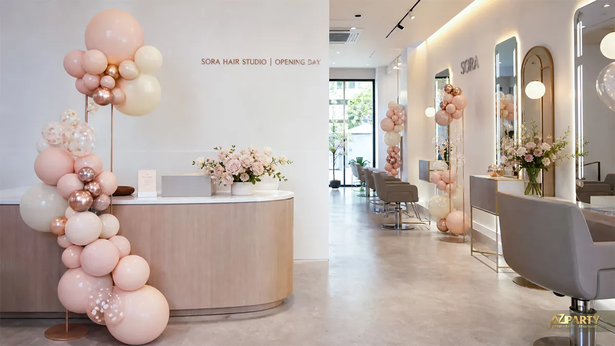 Quầy lễ tân Sora Hair Studio trang trí bóng hồng kem và hoa pastel ngày khai trương