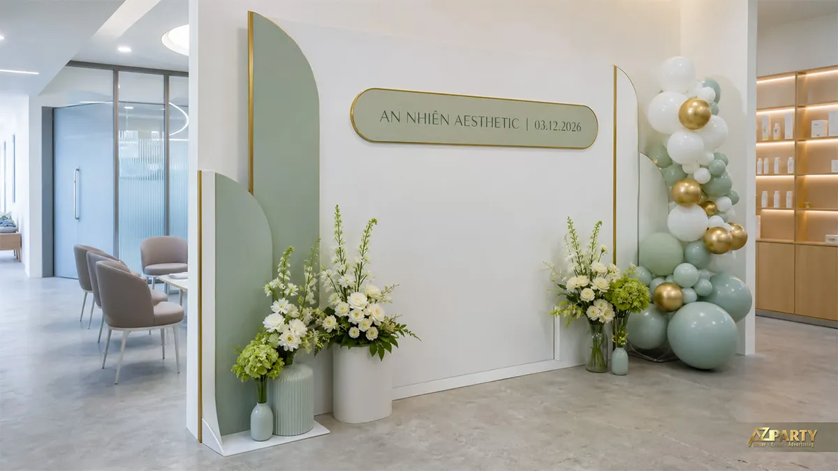 Backdrop An Nhiên Aesthetic màu trắng xanh mint với bóng vàng và hoa trắng
