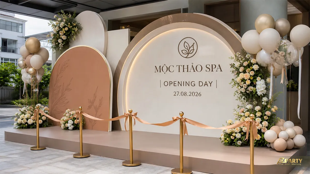 Sân khấu khai trương Mộc Thảo Spa dáng vòm màu kem đào với hoa và bóng pastel