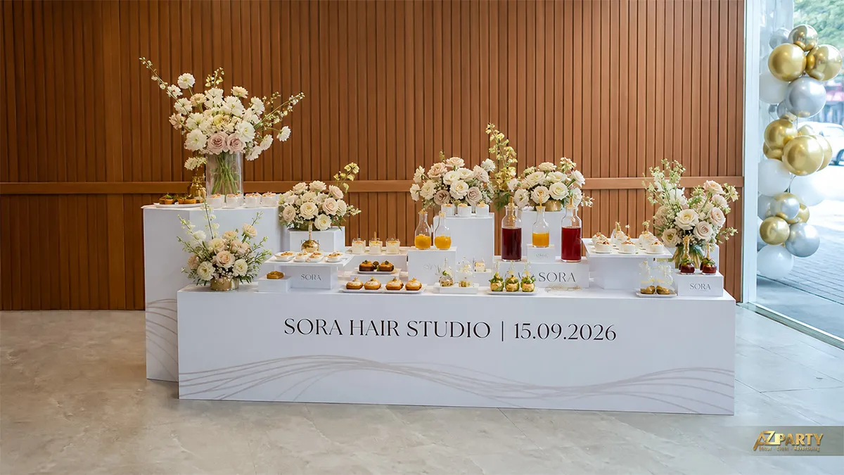 Bàn bánh khai trương Sora Hair Studio màu trắng với hoa kem và bóng vàng