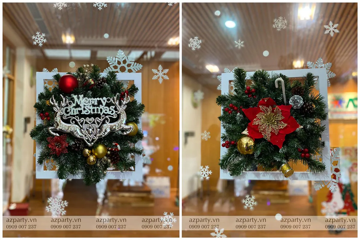 Vòng nguyệt quế Noel hình vuông độc đáo trang trí hoa trạng nguyên đỏ và chữ Merry Christmas treo trên cửa kính văn phòng công ty ADC.