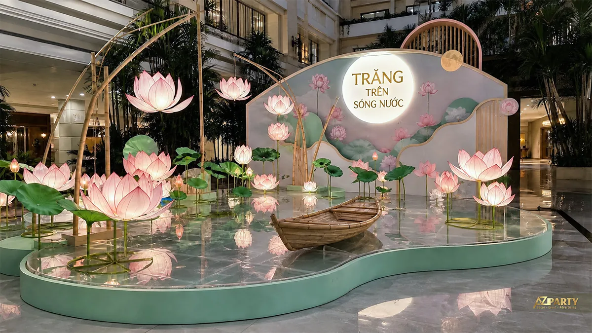 Tiểu cảnh hoa sen với đèn treo ánh hồng