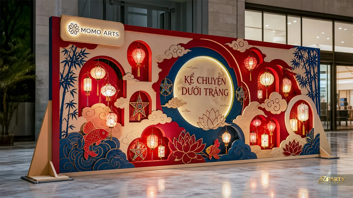Photobooth đỏ trắng gắn nhiều lồng đèn