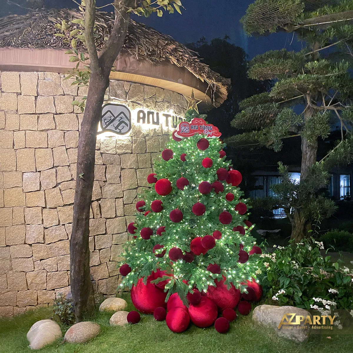 Cây thông Noel đặt trước bức tường đá trong khuôn viên An Tung
