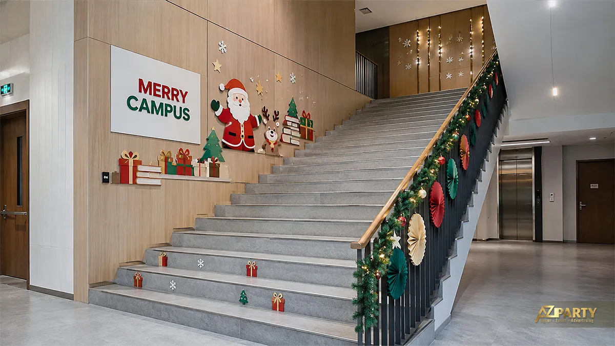 Cầu thang trường học với ông già Noel, tuần lộc, hộp quà và quạt giấy dọc lan can