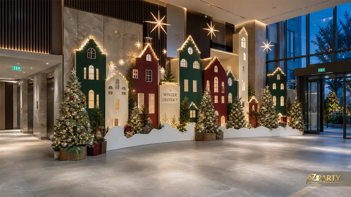 Phố làng Noel trong nhà Winter District với nhà nhỏ, cây thông và ngôi sao treo