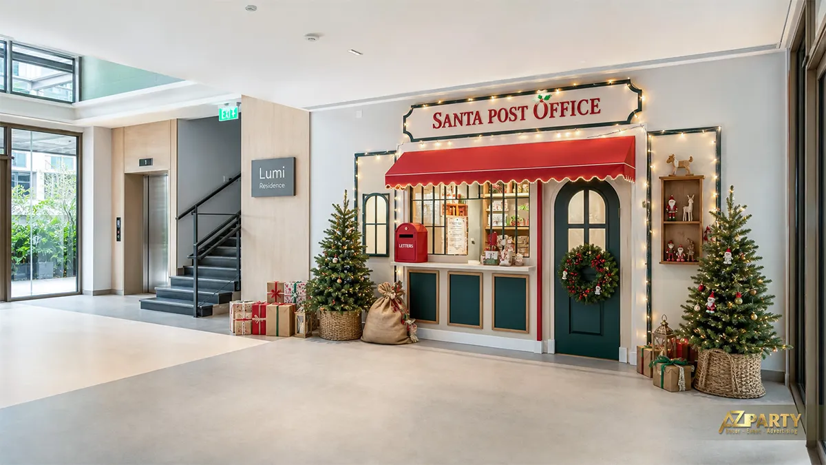 Tiểu cảnh Santa Post Office trong sảnh với hai cây thông, hòm thư và hộp quà