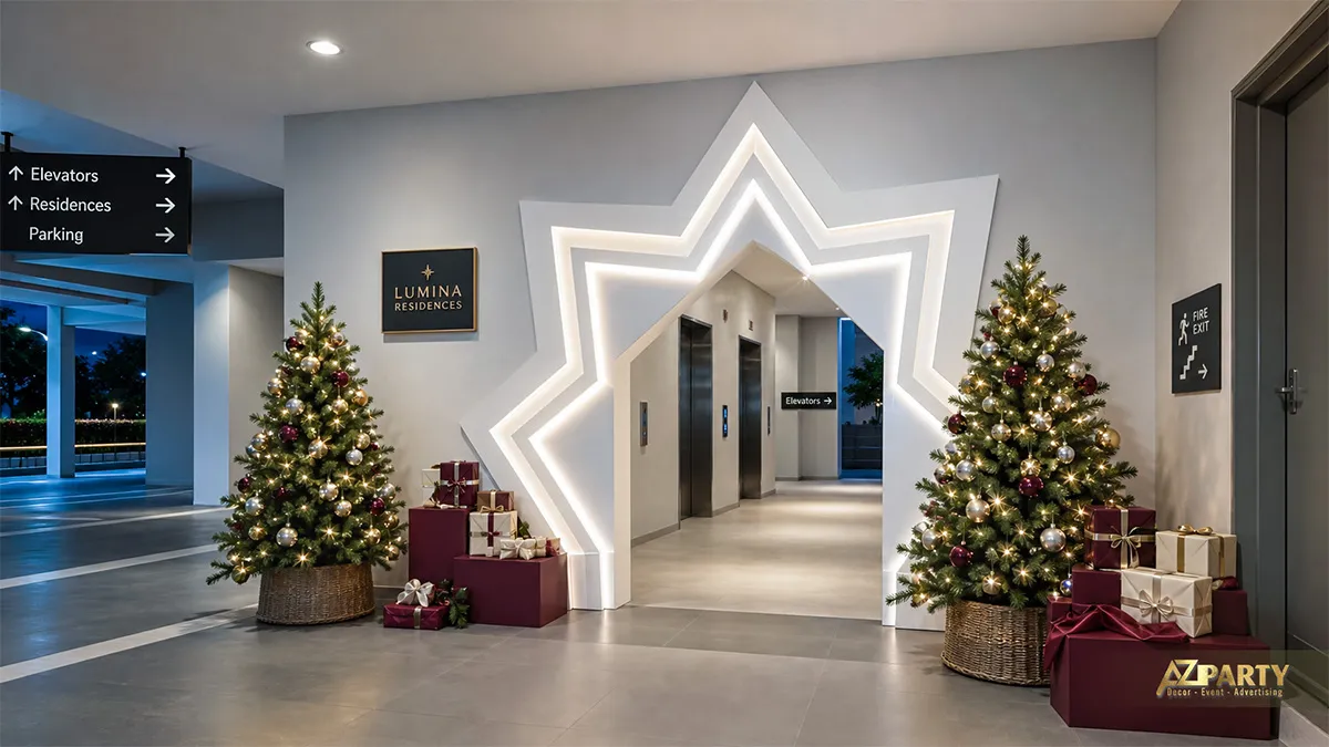 Sảnh thang máy Lumina Residence với vòm sao trắng, hai cây thông và quà đỏ vàng