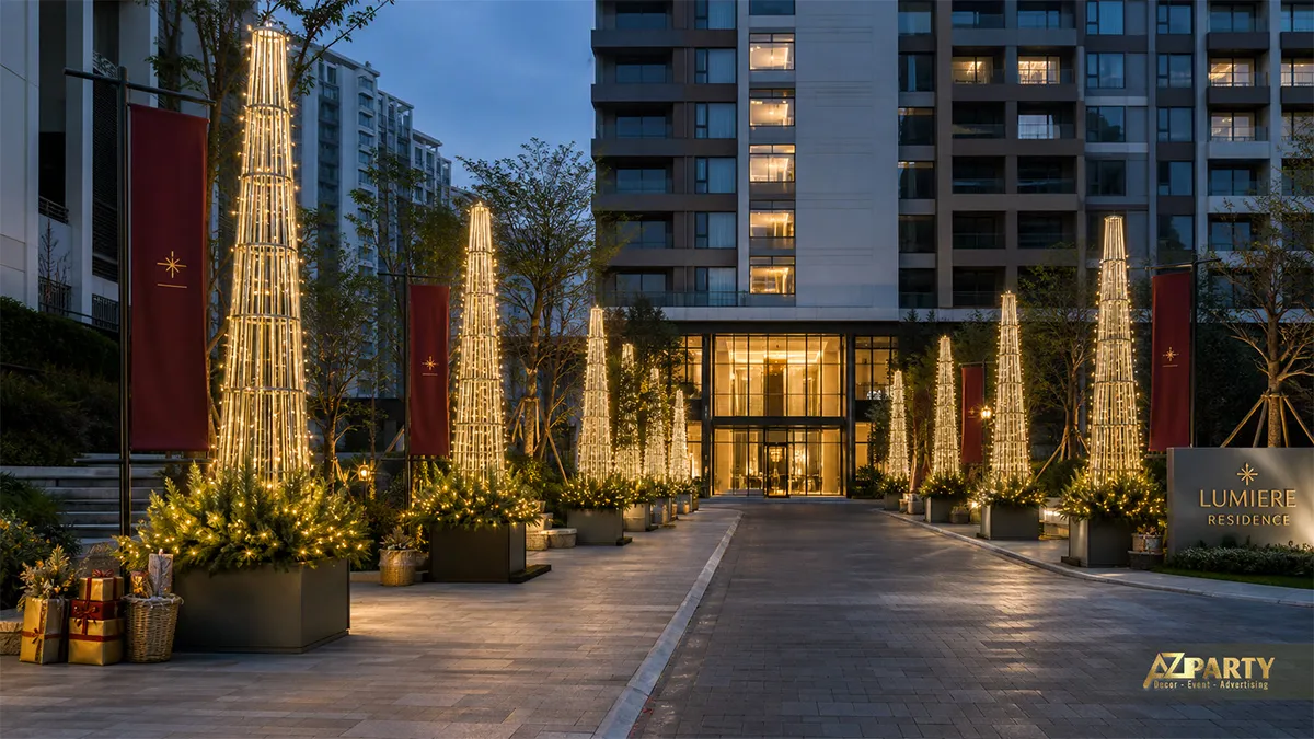 Đường xe vào Lumina Residence với các cây thông đèn hình nón và banner burgundy