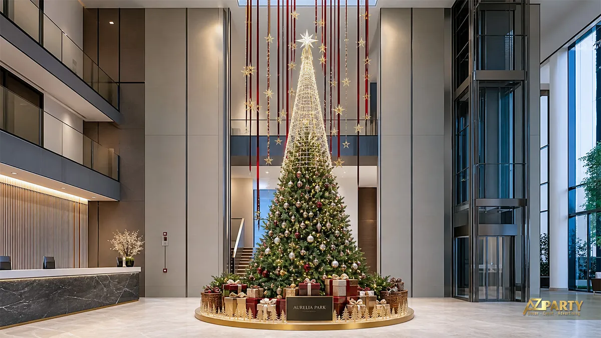 Atrium Aurelia Park với cây thông đèn hình nón cao, ruy băng và hộp quà