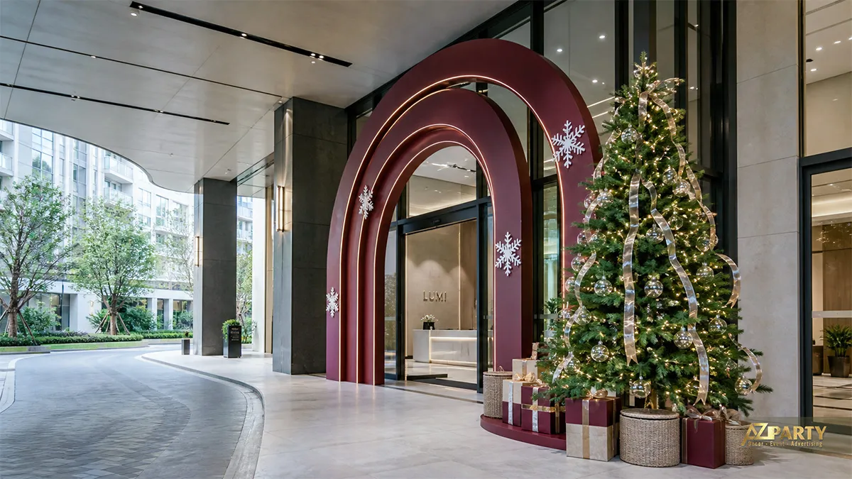 Lối xe vào Lumina Residence với vòm ba lớp burgundy và cây thông trang trí