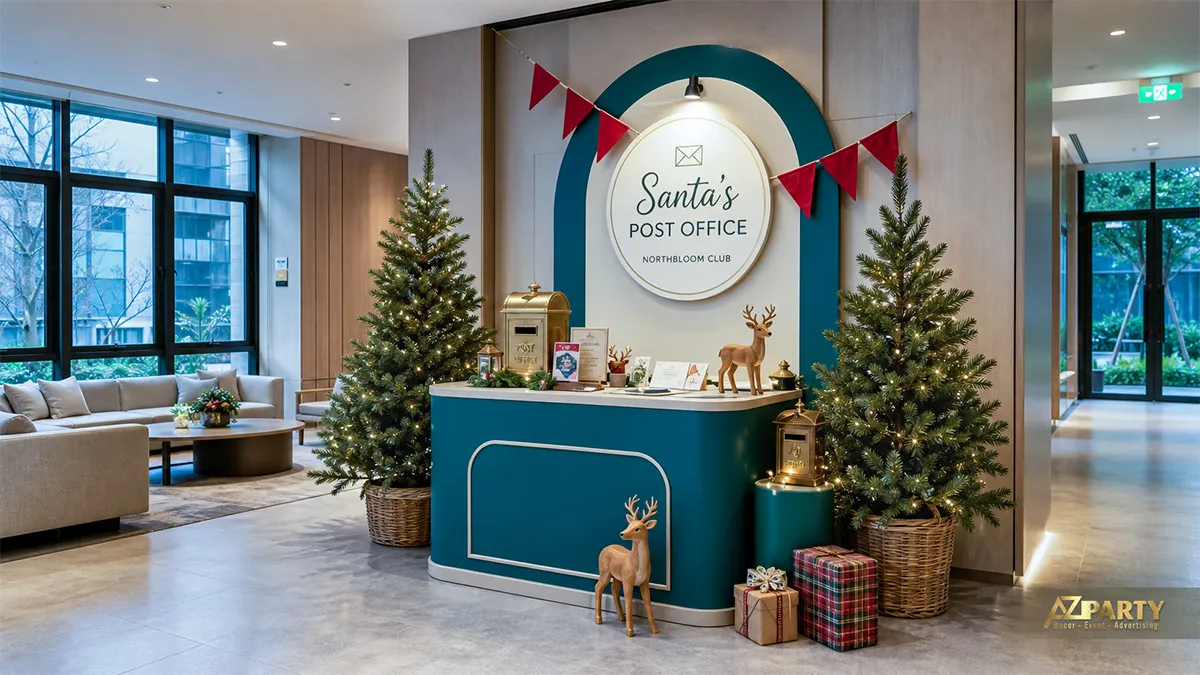 Sảnh Northbloom Club với quầy Santa Post Office, hai cây thông, tuần lộc và quà
