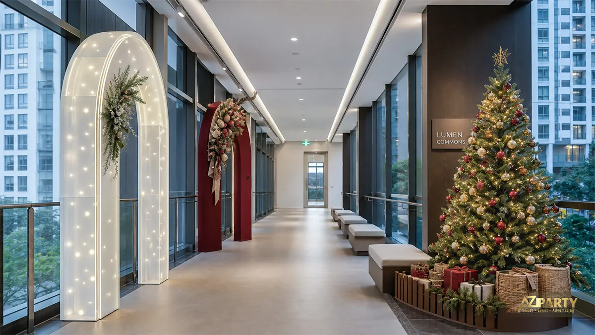 Hành lang Lumen Commons với hai vòm đèn, cây thông và hộp quà