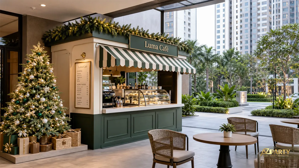 Quầy Luma Cafe với mái hiên xanh đỏ, cây thông, đèn và ghế ngồi