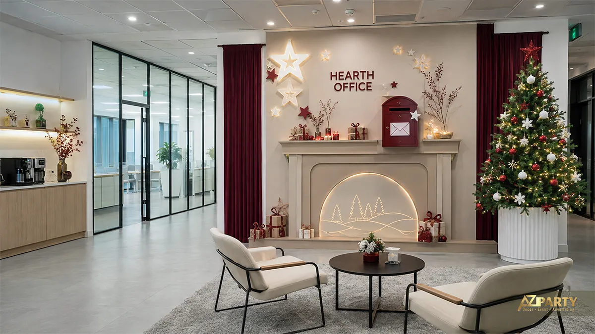 Khu lounge công ty với phông lò sưởi, cây thông và đèn sao