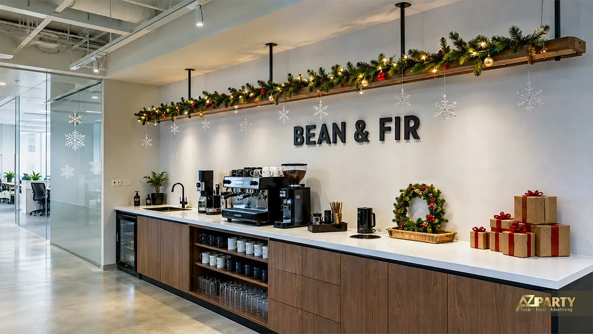 Quầy pantry công ty với dây thông, vòng nguyệt quế và hộp quà Noel