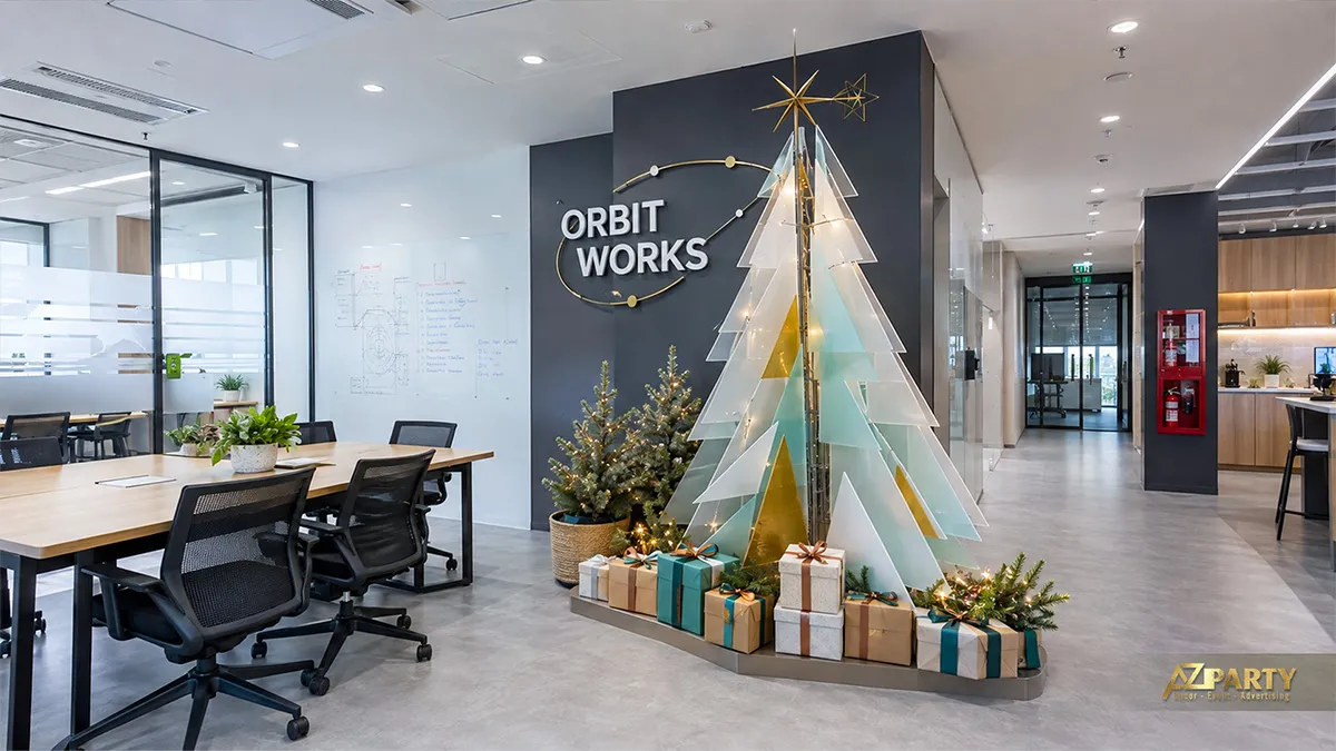 Khu bàn họp với cây thông hình học, quà Noel và mảng tường đen