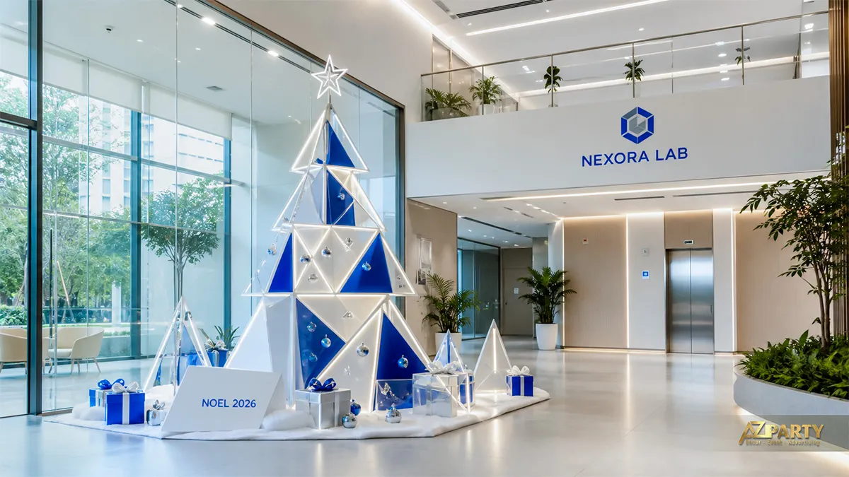Cây thông Noel hình học màu trắng xanh có đèn viền tại sảnh Nexora Lab