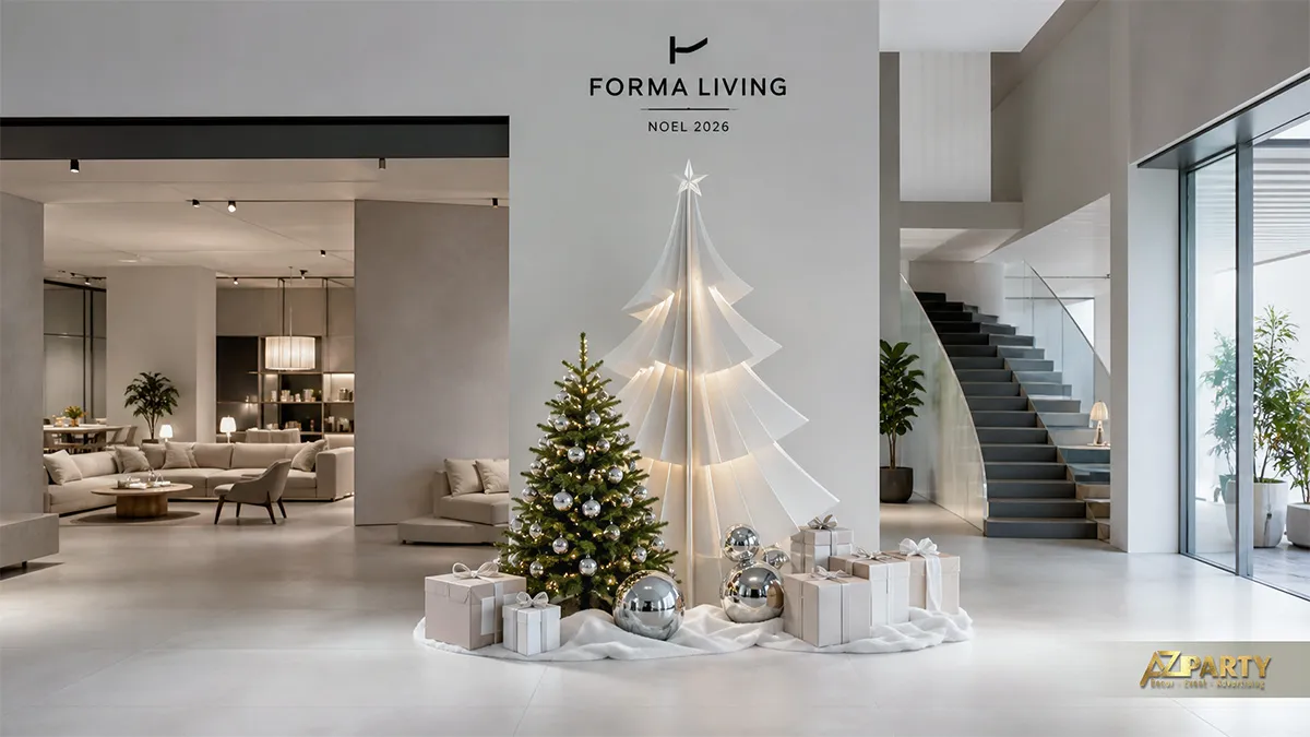 Cây thông Noel cách điệu màu trắng đặt trong không gian nội thất Forma Living