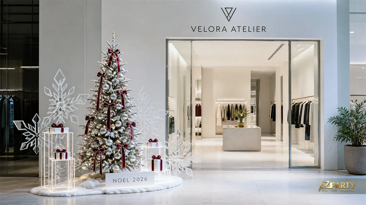 Mặt tiền Velora Atelier trang trí cây thông bạc với nơ burgundy và hộp quà