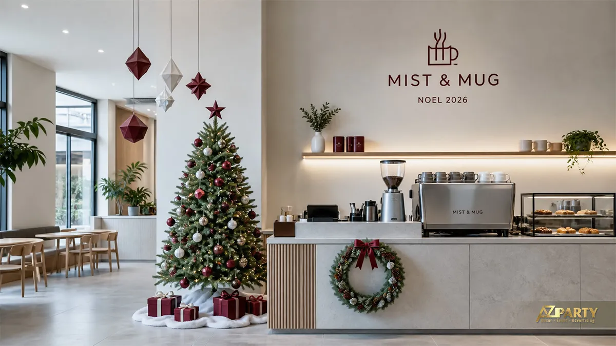 Quầy Mist and Mug trang trí cây thông xanh với phụ kiện đỏ trắng bạc và vòng nguyệt quế