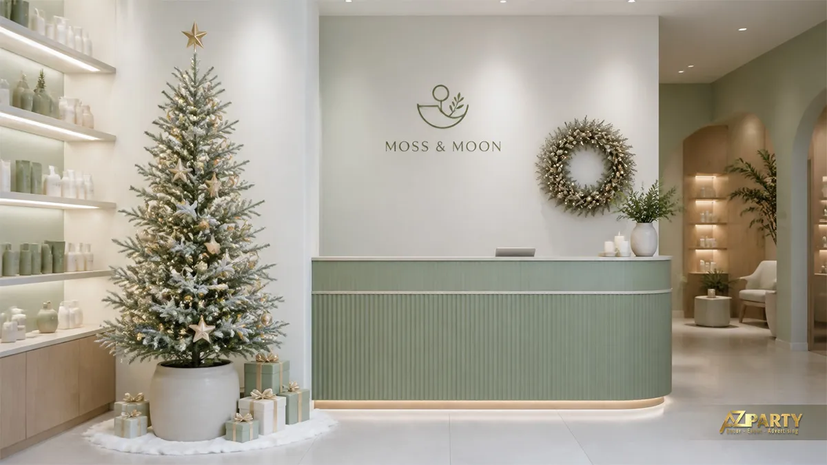 Quầy lễ tân Moss and Moon với cây thông xanh trắng và cụm trang trí màu sage