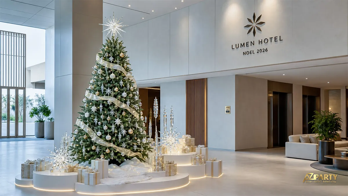 Sảnh Lumen Hotel trang trí cây thông xanh có dải ruy băng và hộp quà bạc